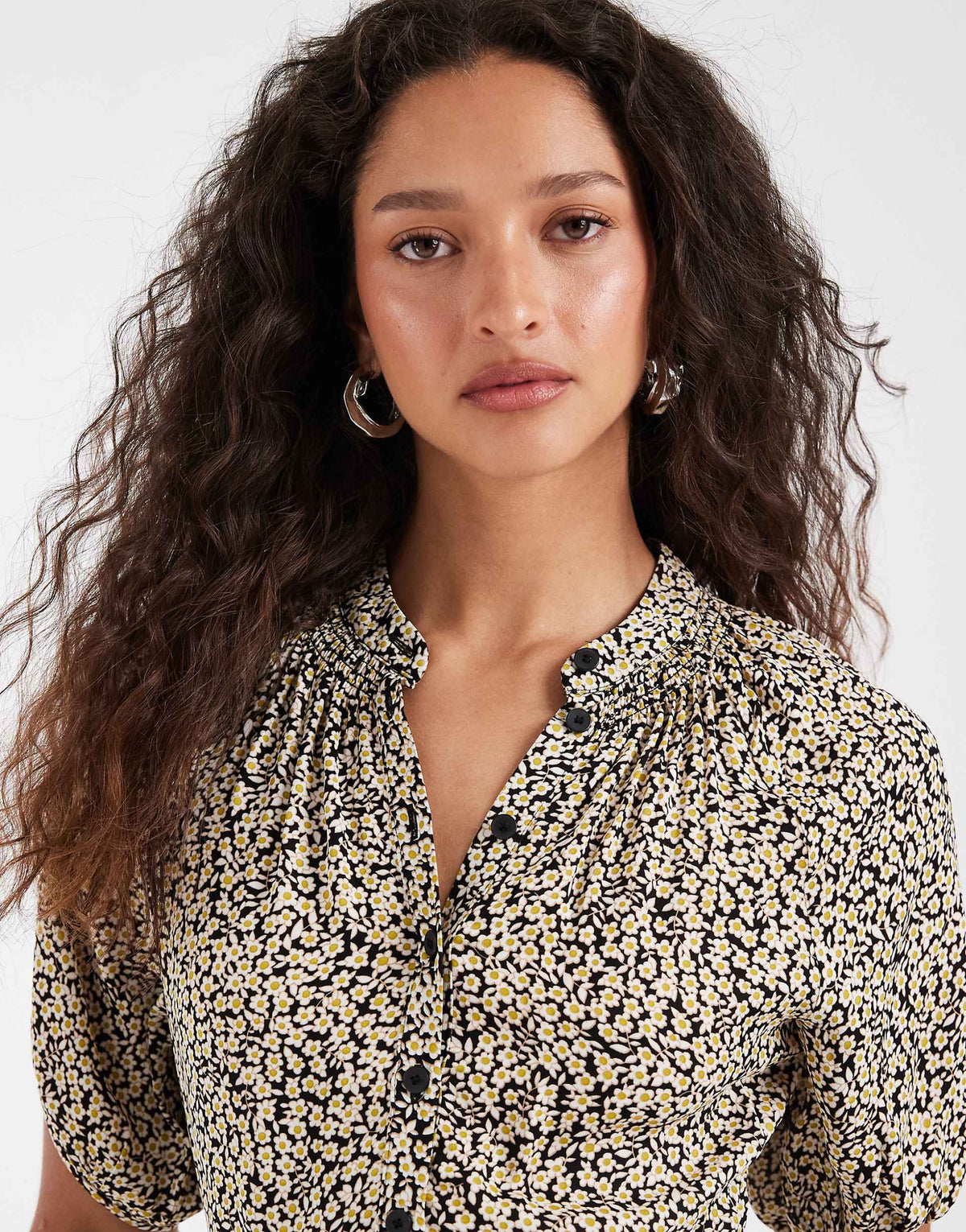 & Other Stories button up floral printed midi dress in black