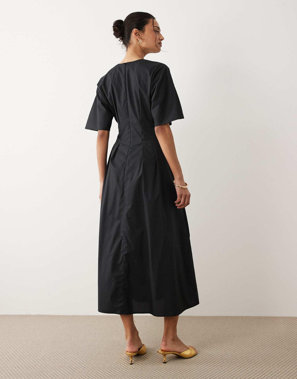 Mango cotton mix v neck midi dress with puff sleeves in black
