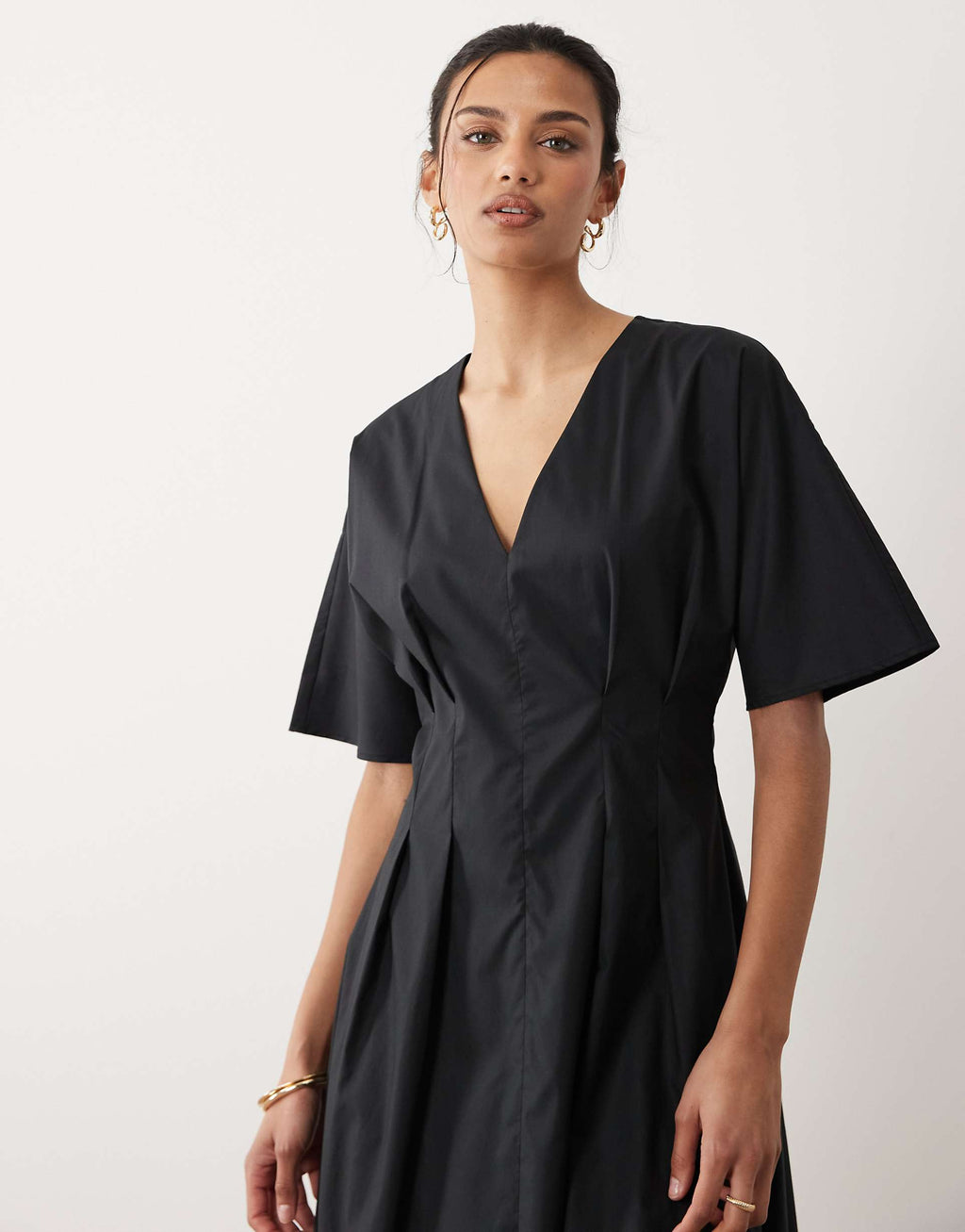 Mango cotton mix v neck midi dress with puff sleeves in black