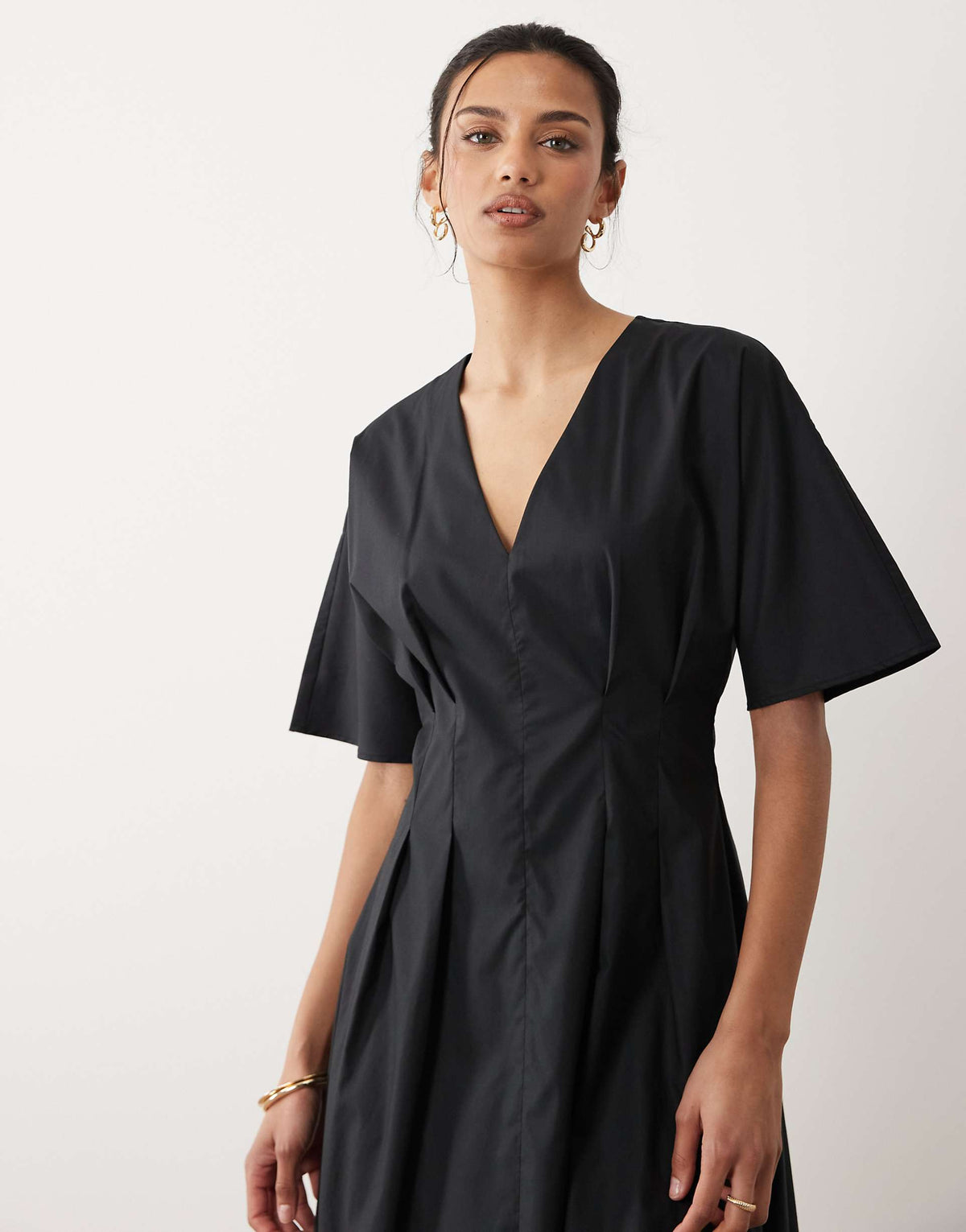 Mango cotton mix v neck midi dress with puff sleeves in black