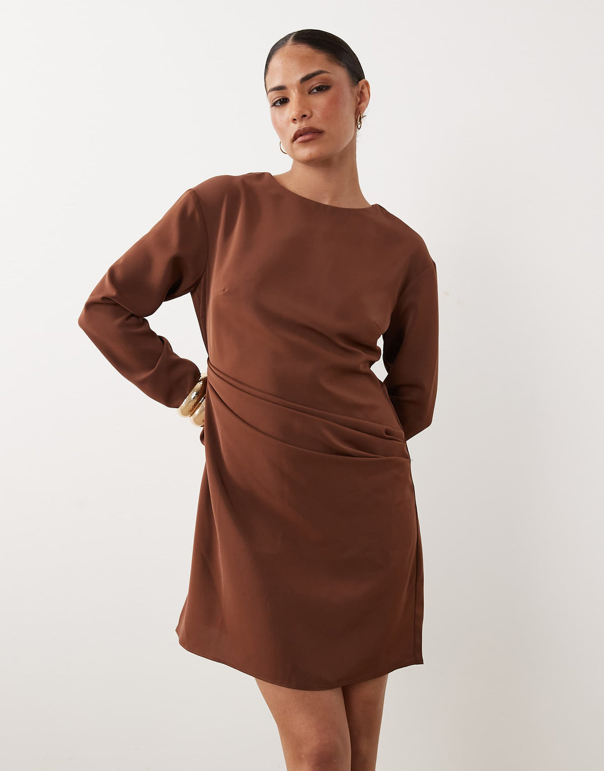 ASOS DESIGN Petite fluid long sleeve mini dress with ruched side detail in cappuccino