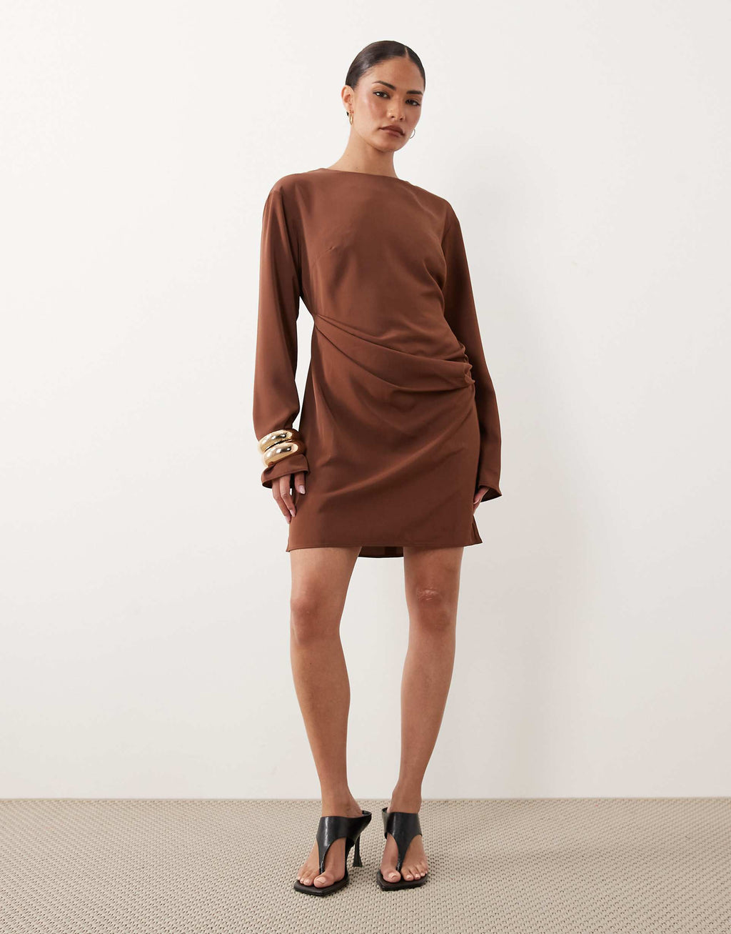 ASOS DESIGN Petite fluid long sleeve mini dress with ruched side detail in cappuccino