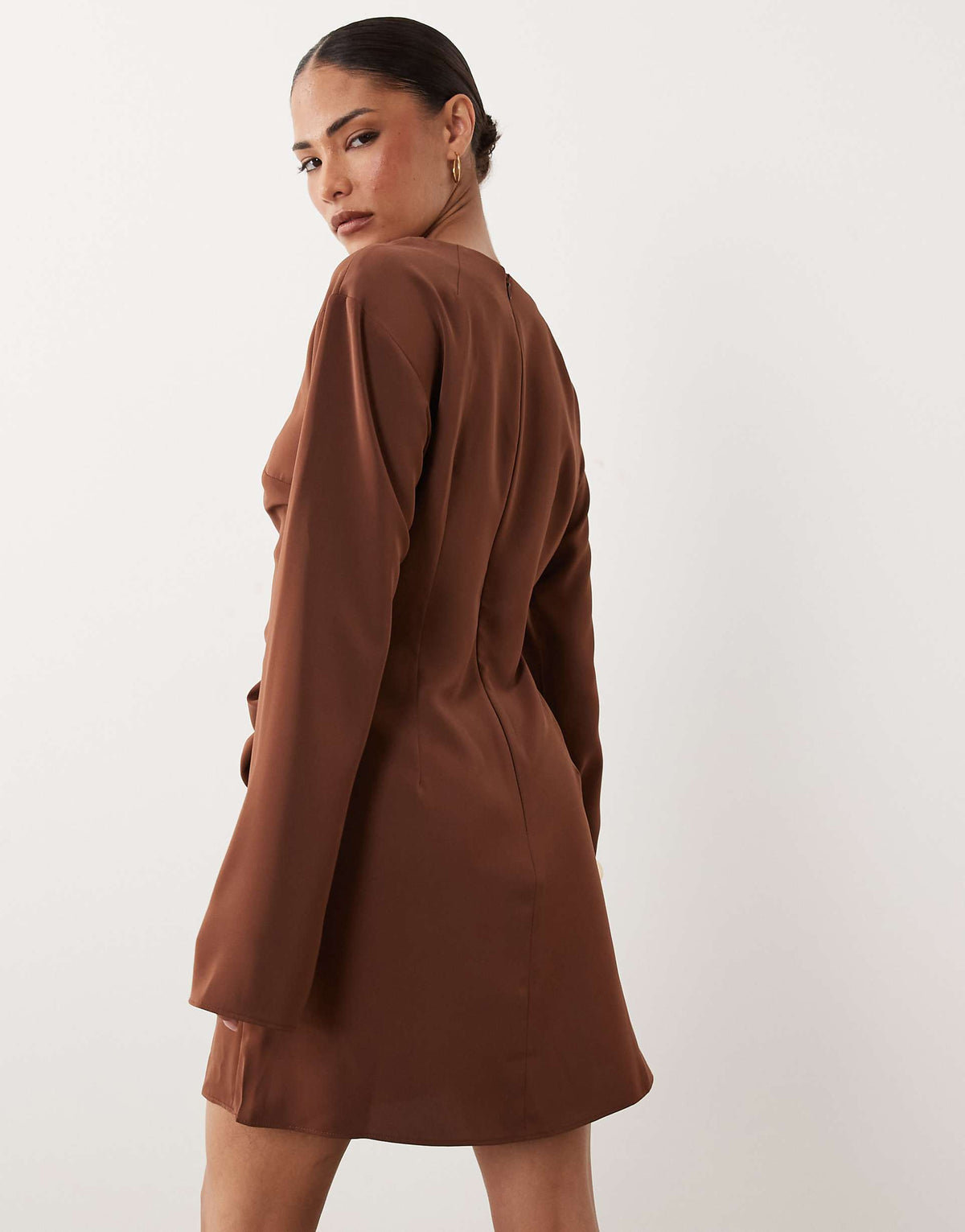 ASOS DESIGN Petite fluid long sleeve mini dress with ruched side detail in cappuccino