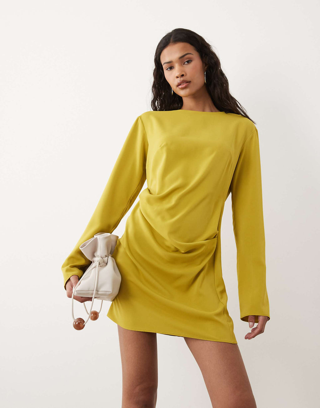 ASOS DESIGN fluid long sleeve mini dress with ruched side detail in gold