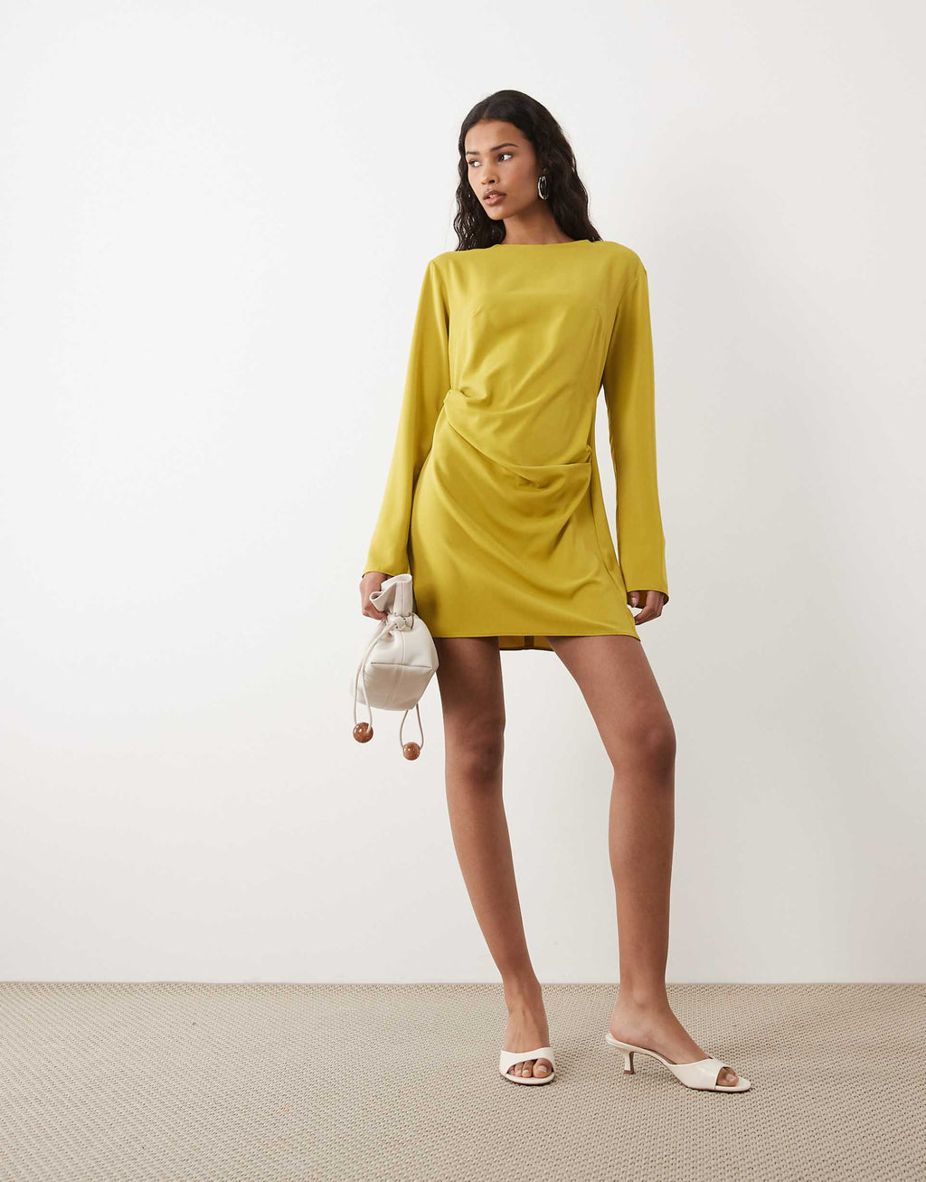 ASOS DESIGN fluid long sleeve mini dress with ruched side detail in gold
