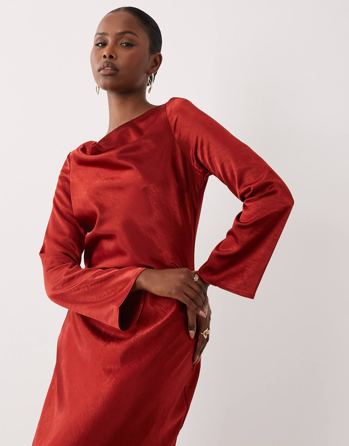 TFNC satin flared long sleeve maxi dress in bright red