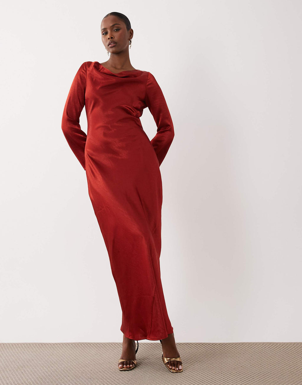 TFNC satin flared long sleeve maxi dress in bright red