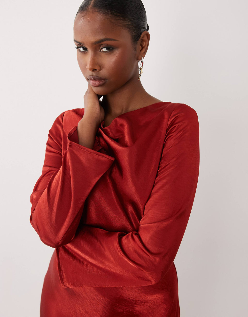 TFNC satin flared long sleeve maxi dress in bright red