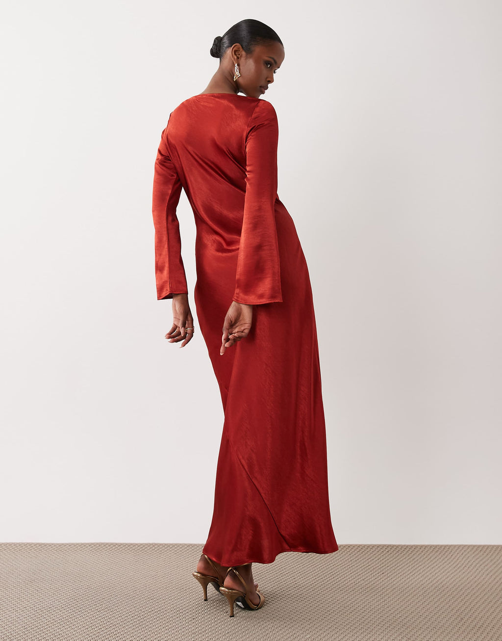 TFNC satin flared long sleeve maxi dress in bright red