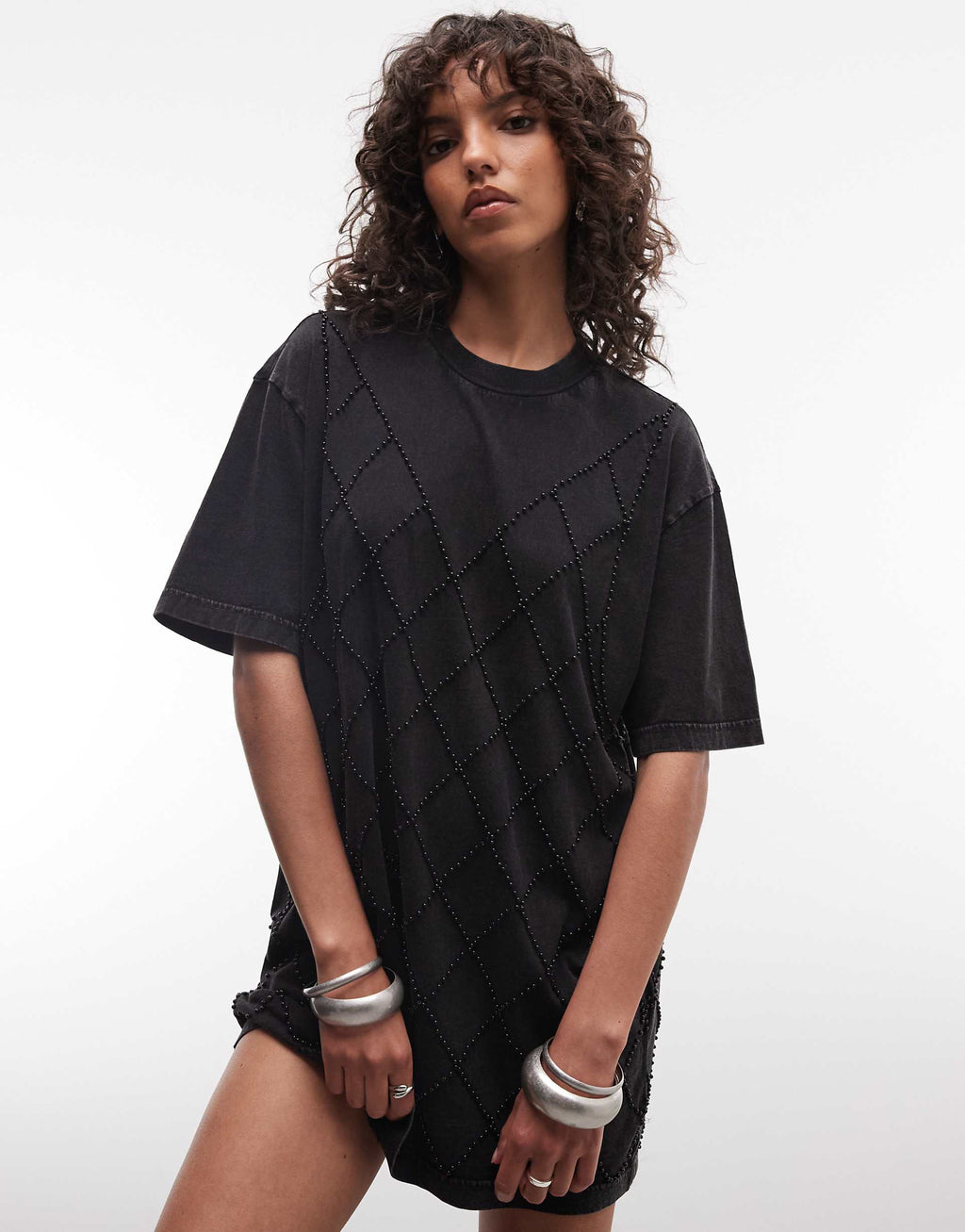 AllSaints Darcy short sleeve diamante detail T-shirt mini dress In washed black