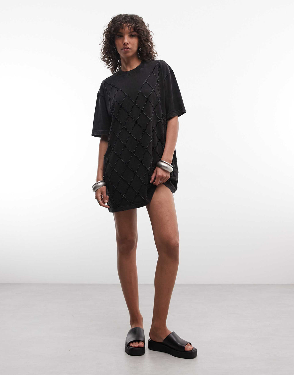 AllSaints Darcy short sleeve diamante detail T-shirt mini dress In washed black