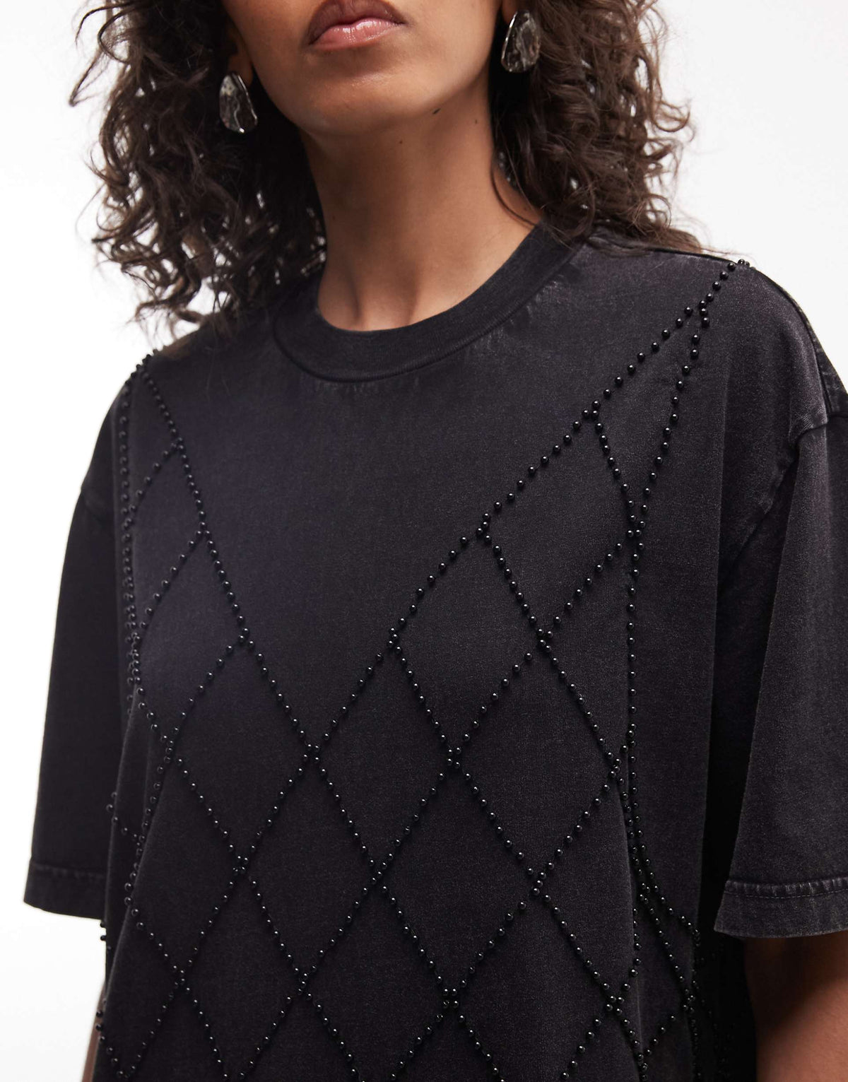 AllSaints Darcy short sleeve diamante detail T-shirt mini dress In washed black
