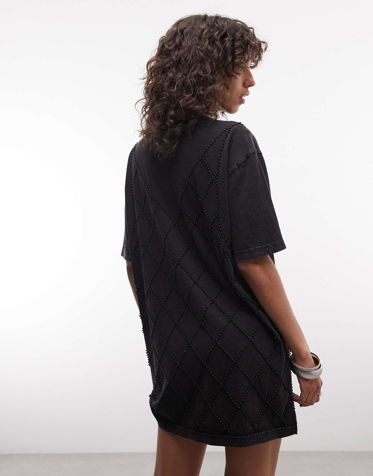 AllSaints Darcy short sleeve diamante detail T-shirt mini dress In washed black