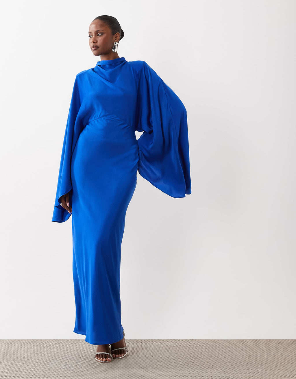 ASOS DESIGN funnel neck satin maxi dress with exaggerated sleeves in cobalt
