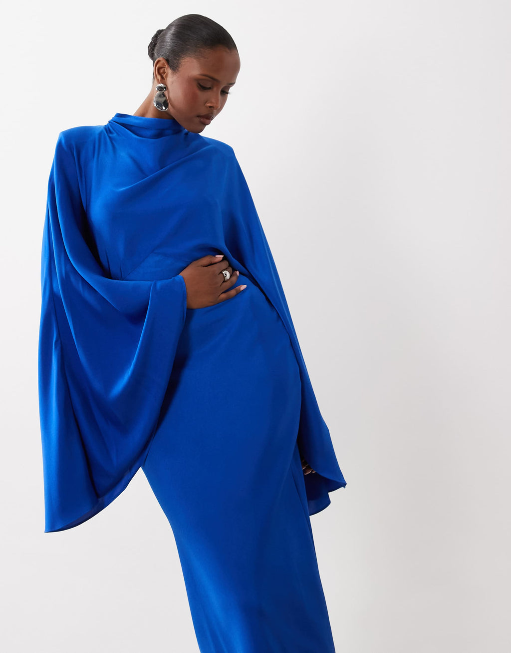 ASOS DESIGN funnel neck satin maxi dress with exaggerated sleeves in cobalt