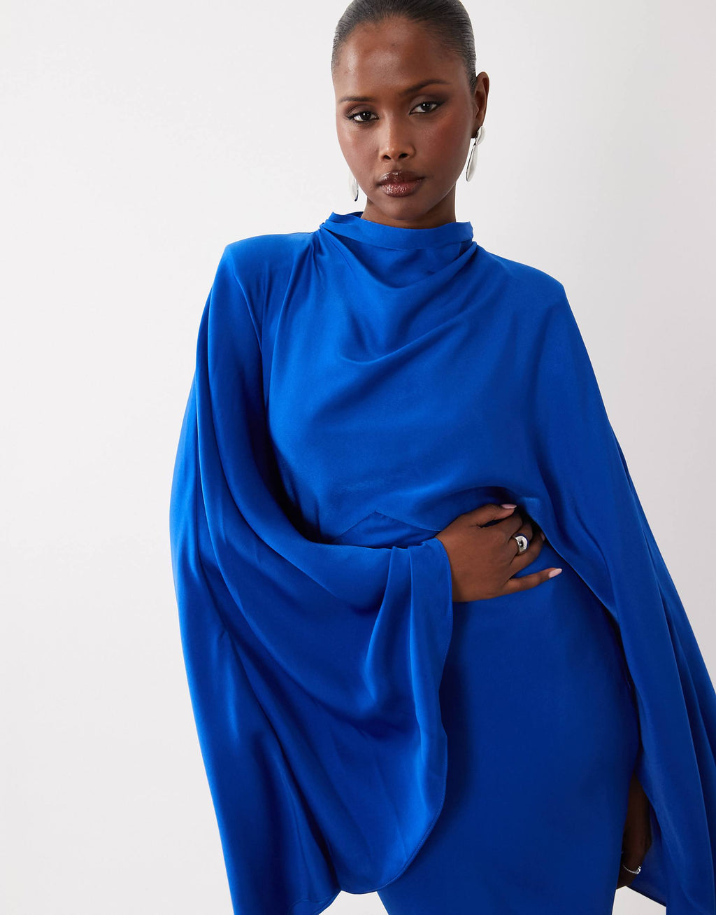 ASOS DESIGN funnel neck satin maxi dress with exaggerated sleeves in cobalt