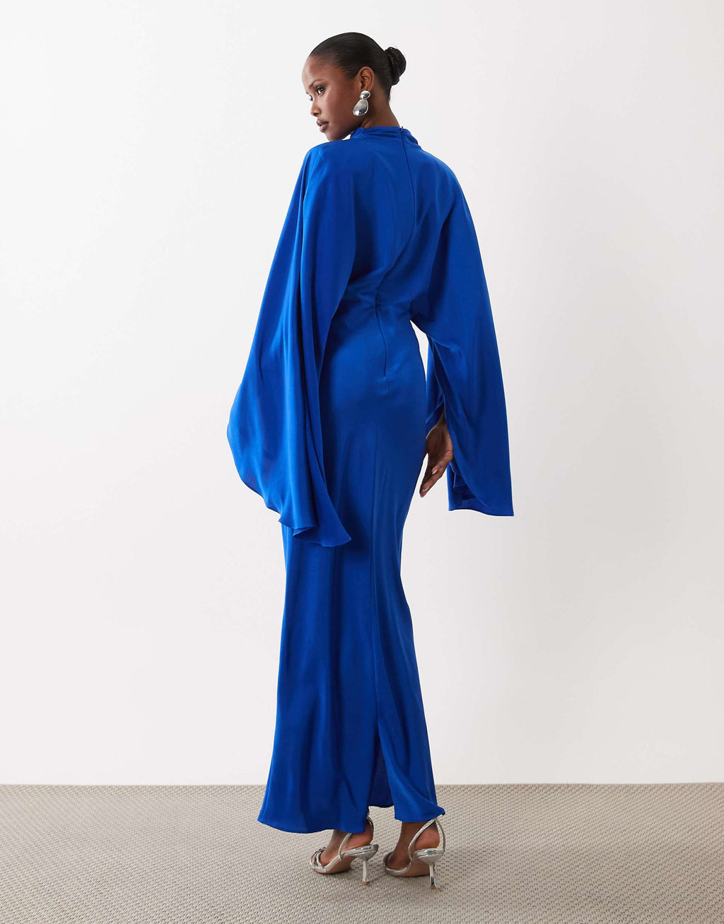 ASOS DESIGN funnel neck satin maxi dress with exaggerated sleeves in cobalt