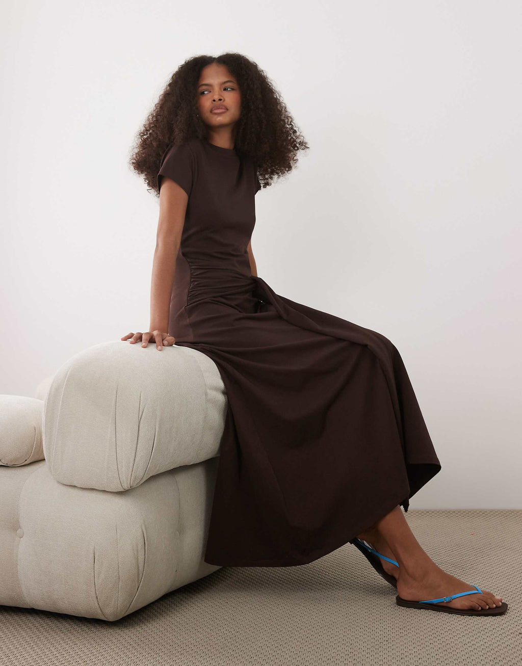 ASOS DESIGN short sleeve midaxi dress with tie waist in chocolate