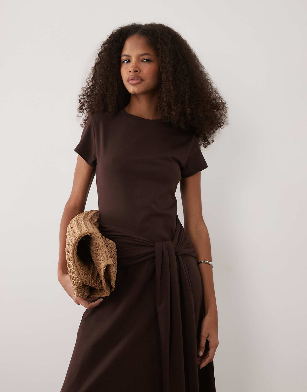 ASOS DESIGN short sleeve midaxi dress with tie waist in chocolate