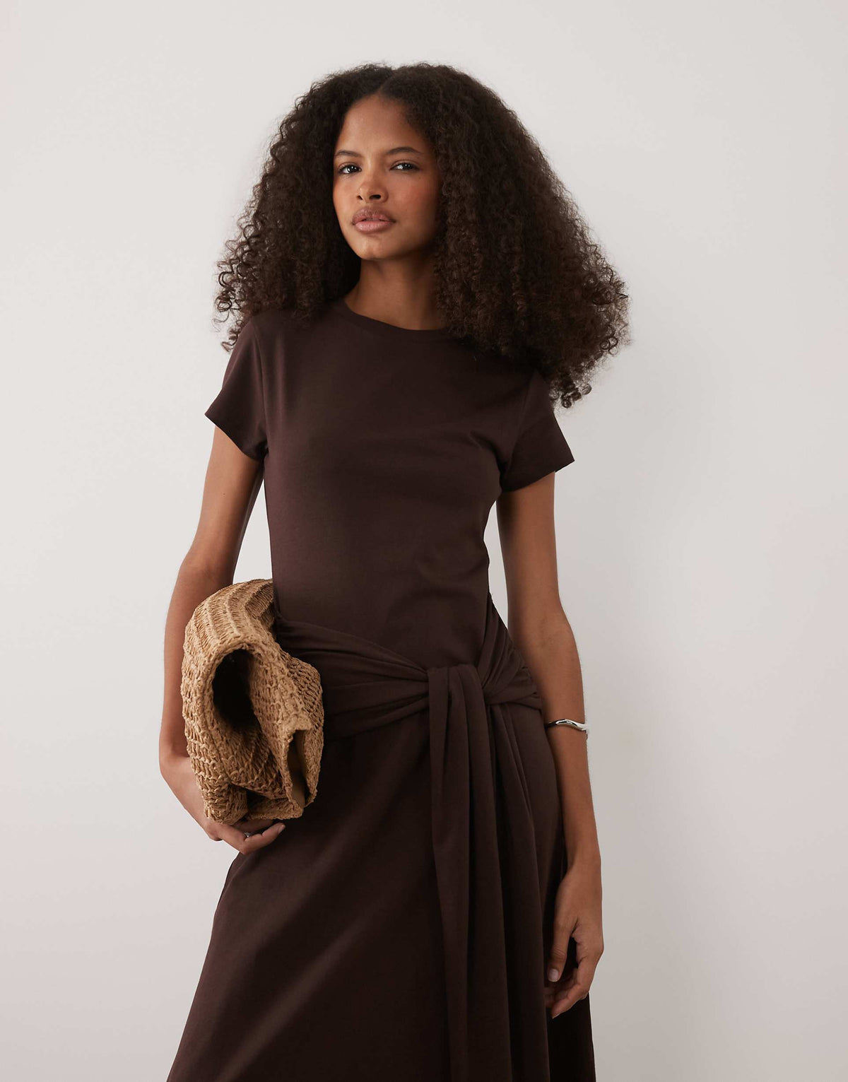 ASOS DESIGN short sleeve midaxi dress with tie waist in chocolate