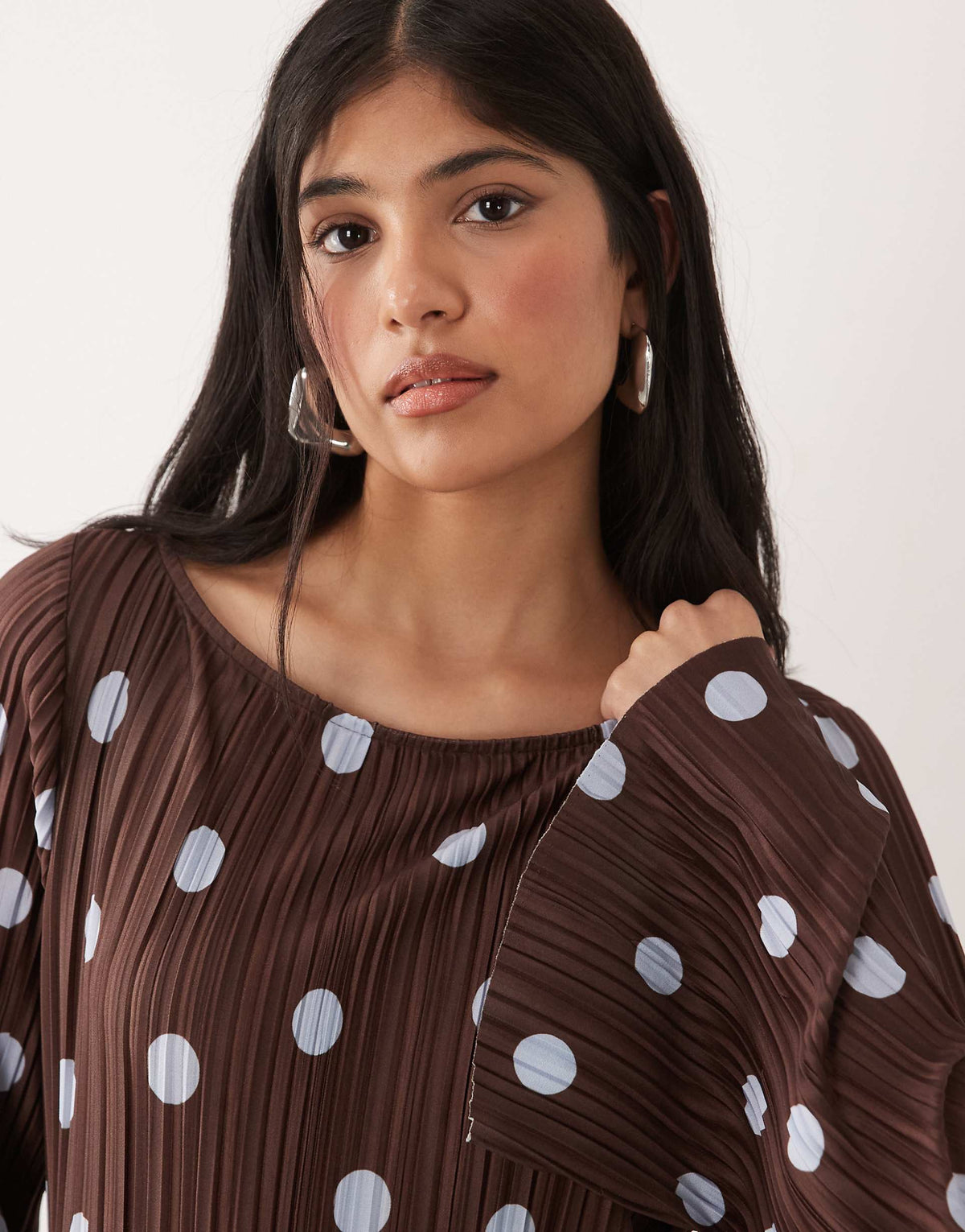 ASOS DESIGN plisse long sleeve midi dress in polka dot print
