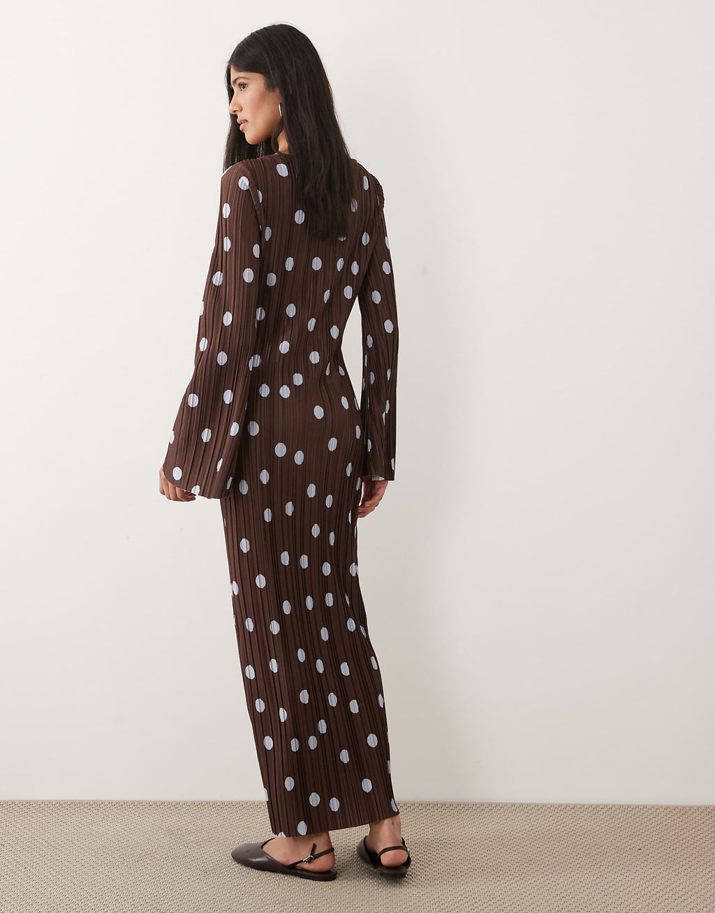 ASOS DESIGN plisse long sleeve midi dress in polka dot print