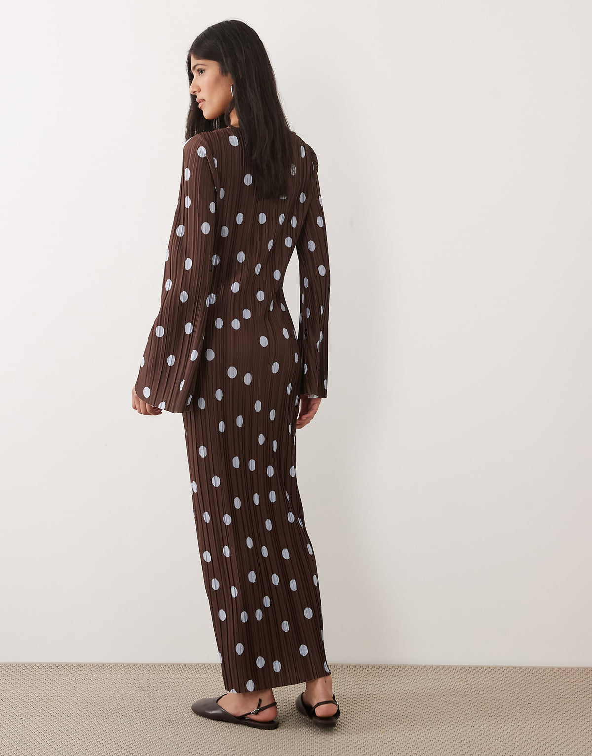 ASOS DESIGN plisse long sleeve midi dress in polka dot print