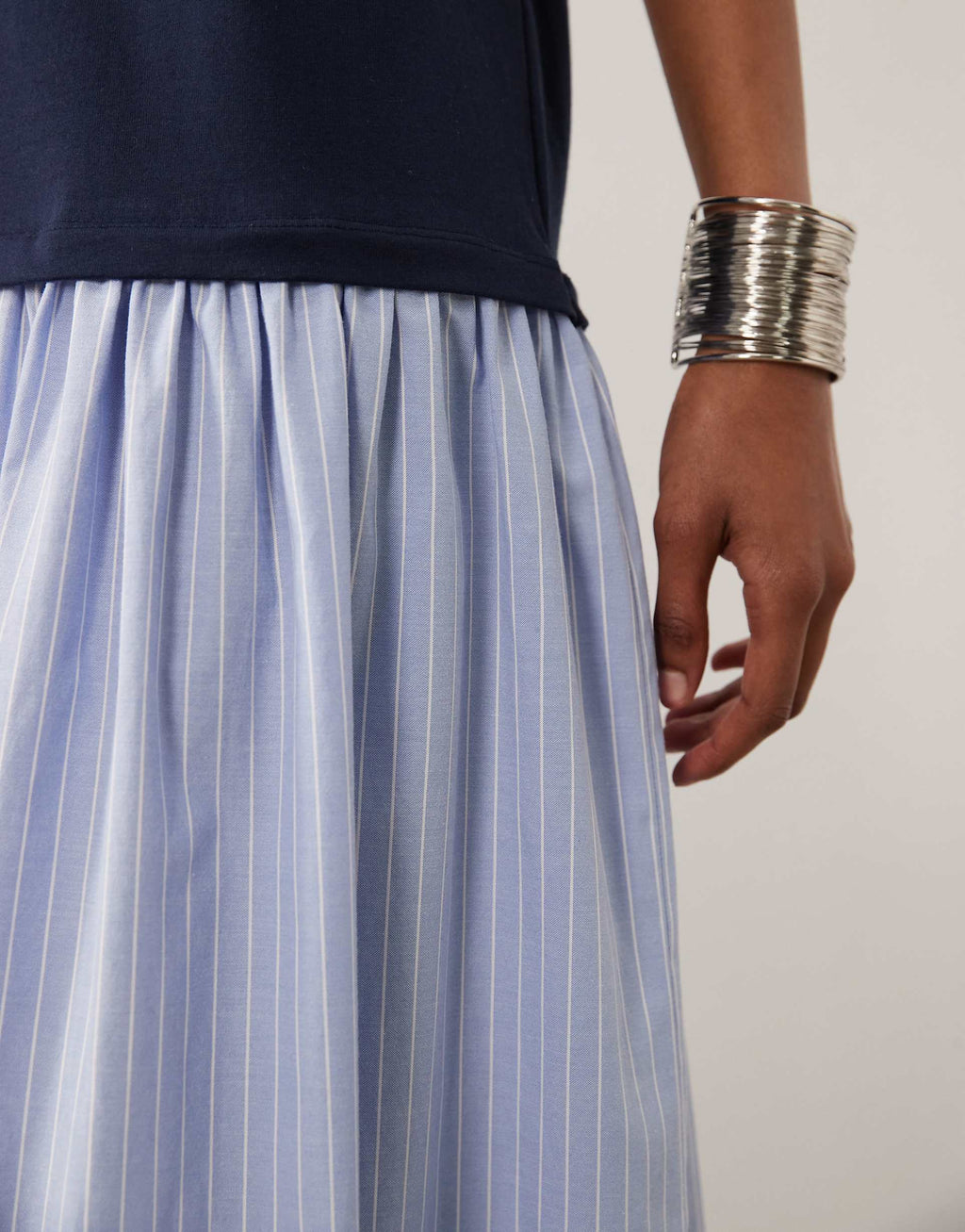 ASOS DESIGN hybrid T-shirt midi dress with striped cotton skirt in navy