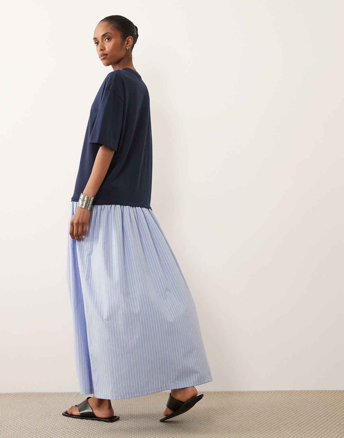 ASOS DESIGN hybrid T-shirt midi dress with striped cotton skirt in navy