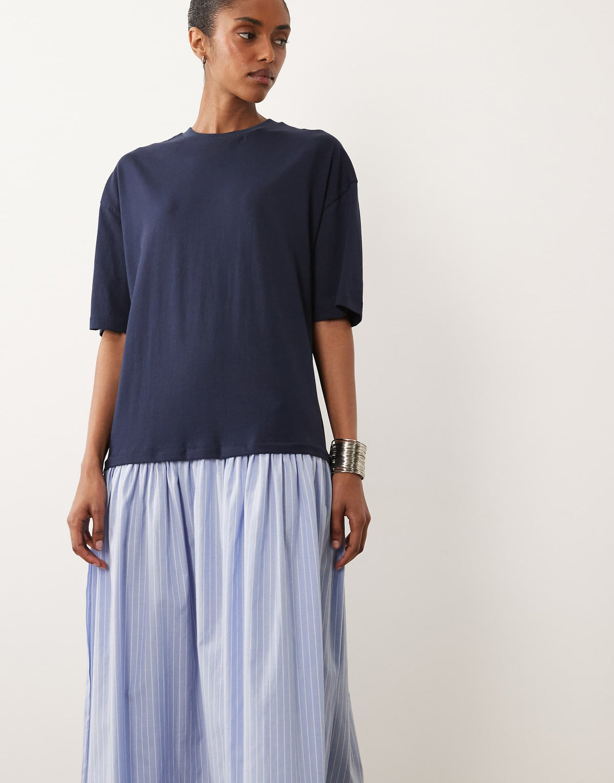 ASOS DESIGN hybrid T-shirt midi dress with striped cotton skirt in navy