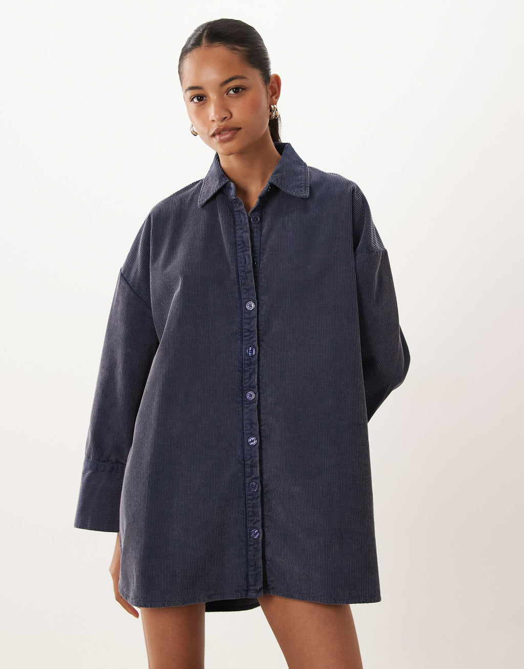 ASOS DESIGN oversized cord shirt mini dress in washed denim blue