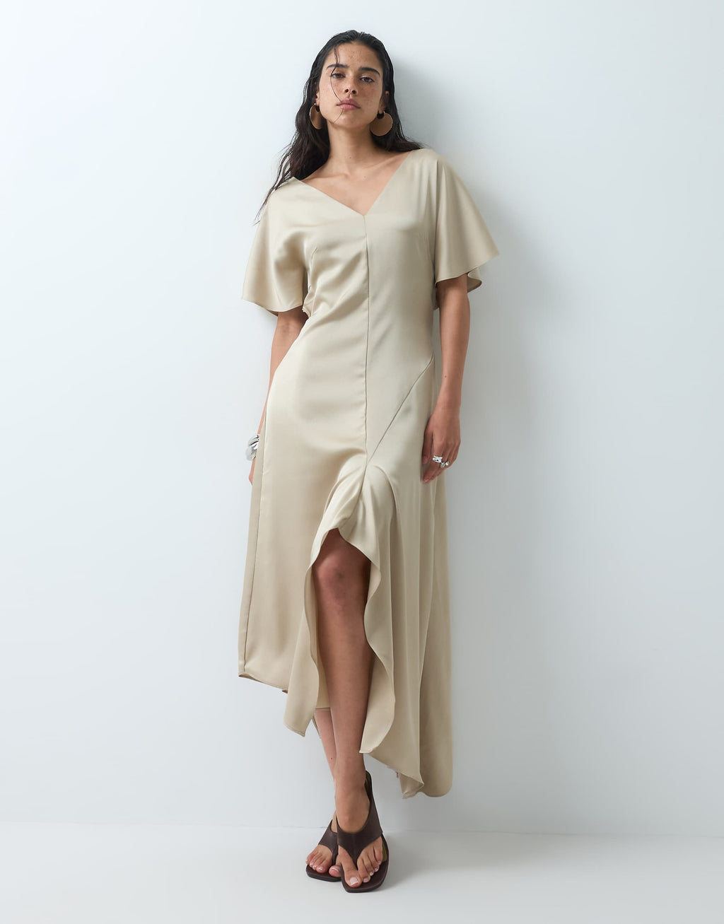 ASOS DESIGN v neck satin midi tea dress in stone