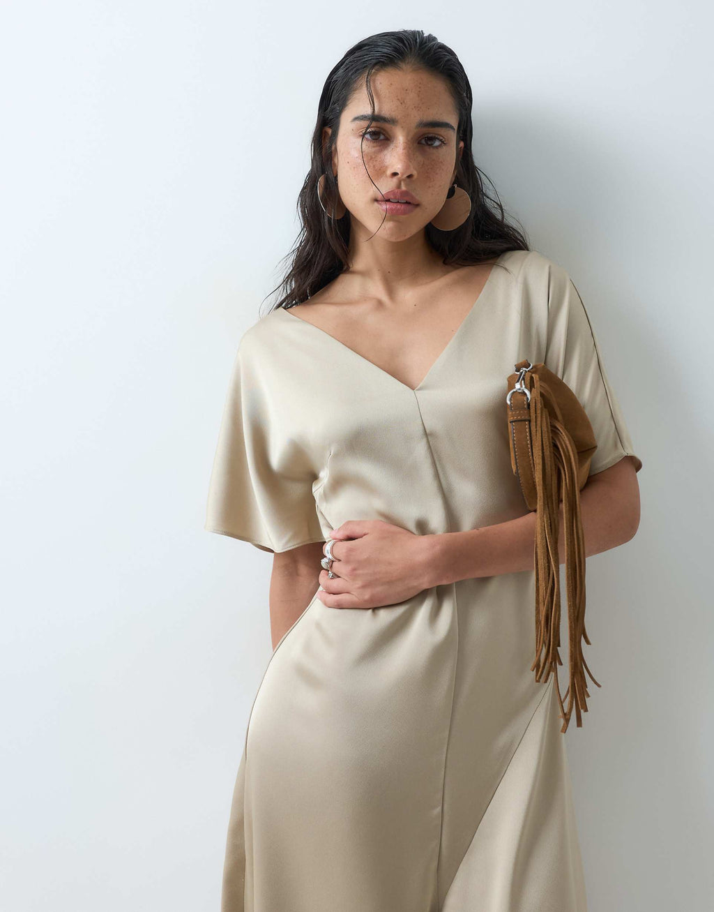 ASOS DESIGN v neck satin midi tea dress in stone