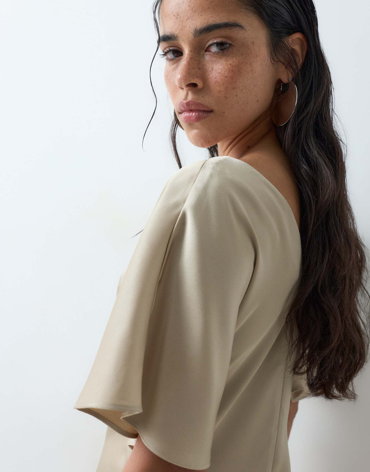 ASOS DESIGN v neck satin midi tea dress in stone