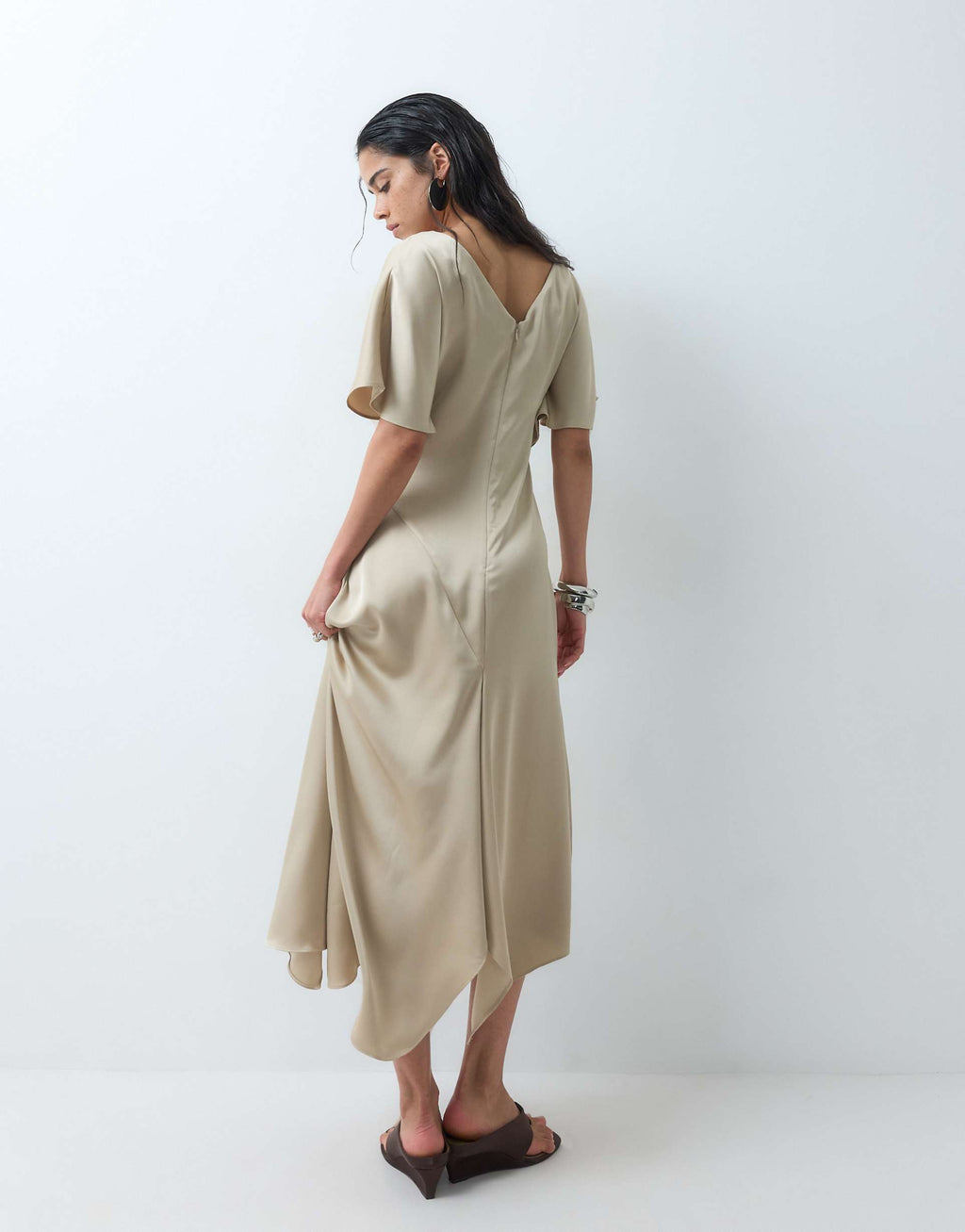 ASOS DESIGN v neck satin midi tea dress in stone