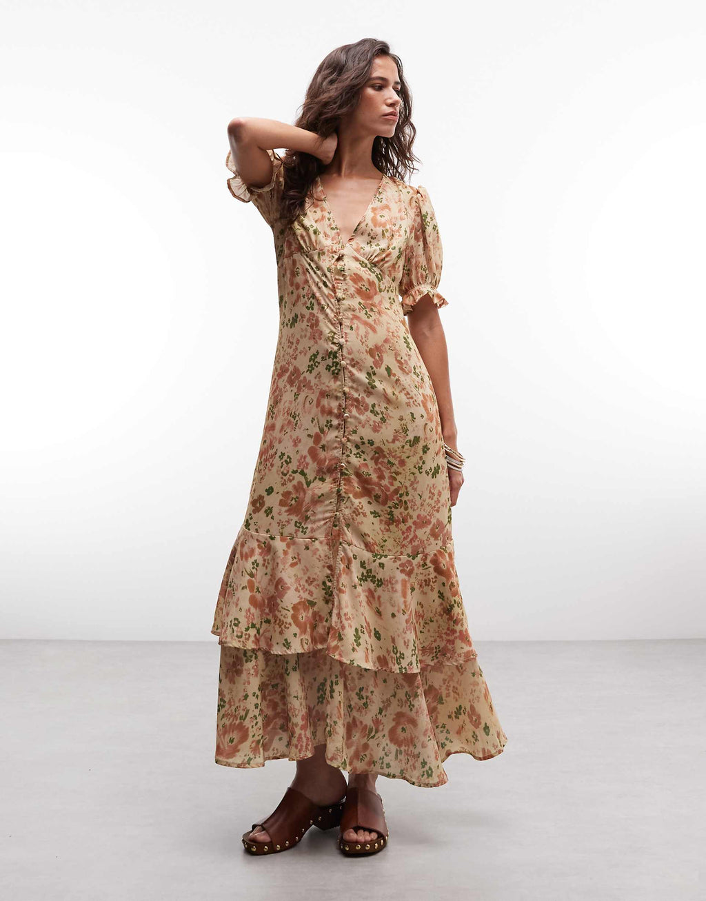 Reclaimed Vintage midi button down tea dress with ruffles in ditsy print