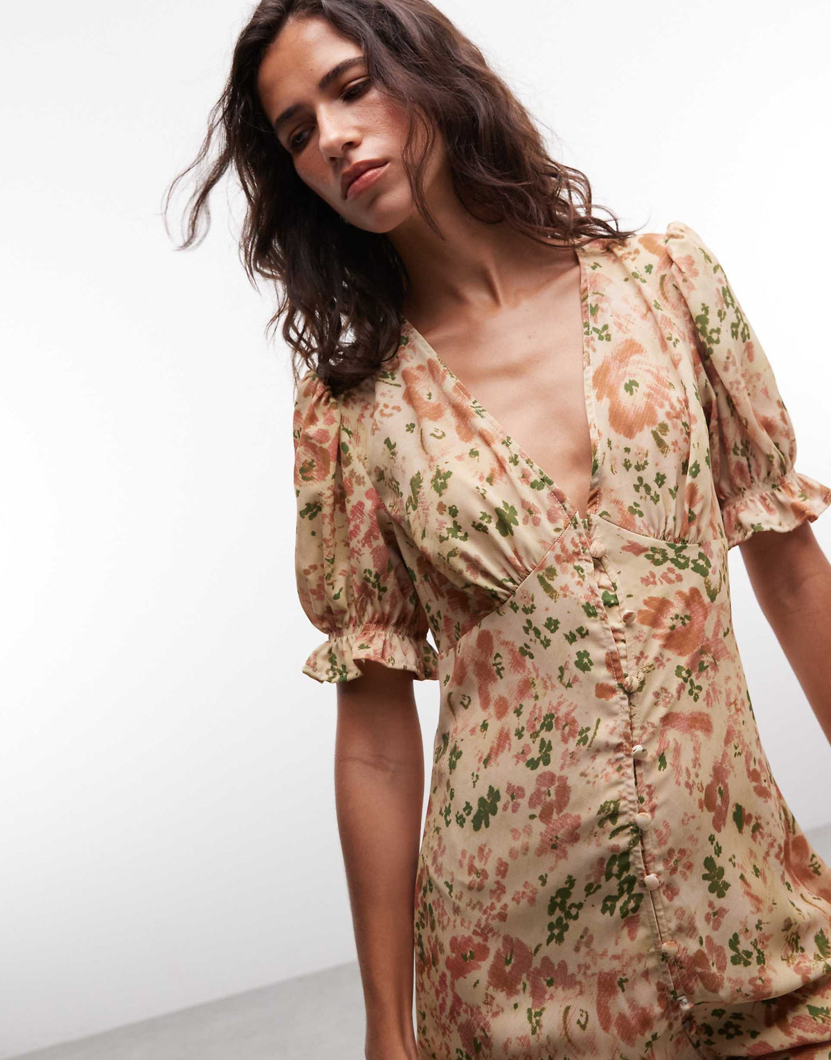 Reclaimed Vintage midi button down tea dress with ruffles in ditsy print