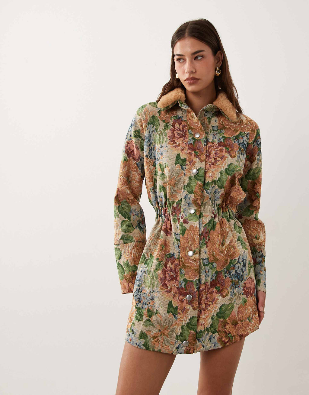 ASOS DESIGN cinched mini shirt dress with detachable faux-fur collar in floral tapestry