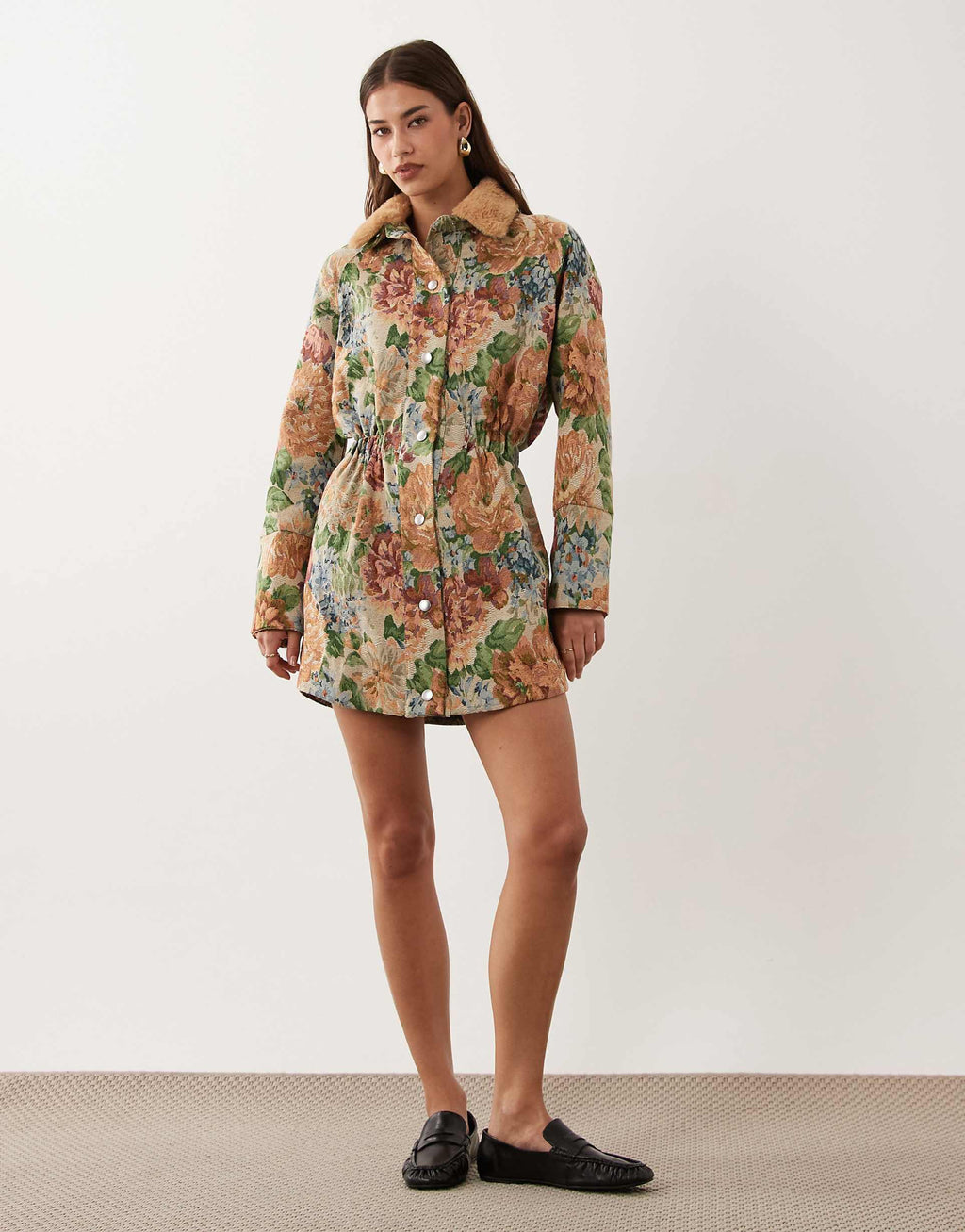 ASOS DESIGN cinched mini shirt dress with detachable faux-fur collar in floral tapestry