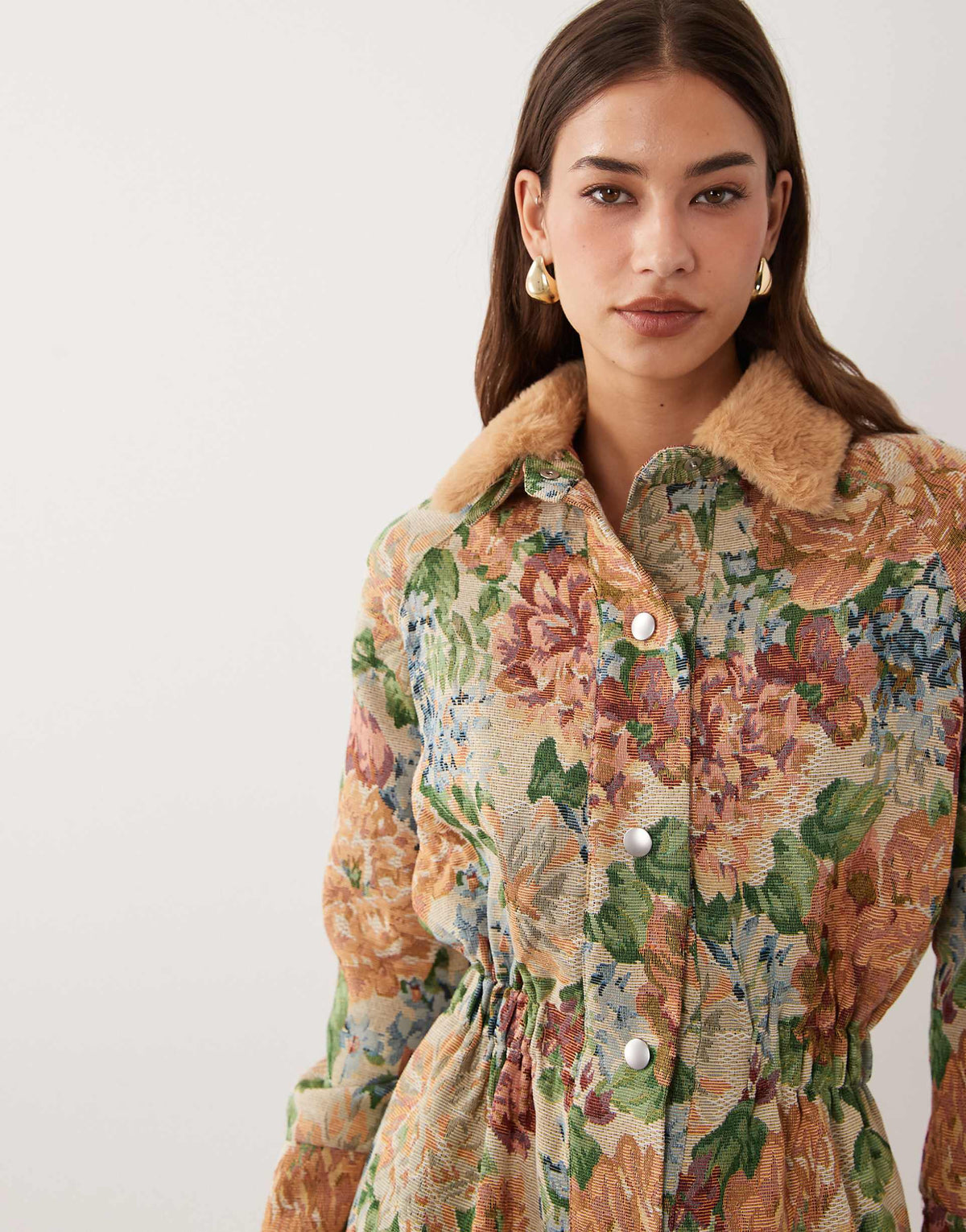 ASOS DESIGN cinched mini shirt dress with detachable faux-fur collar in floral tapestry