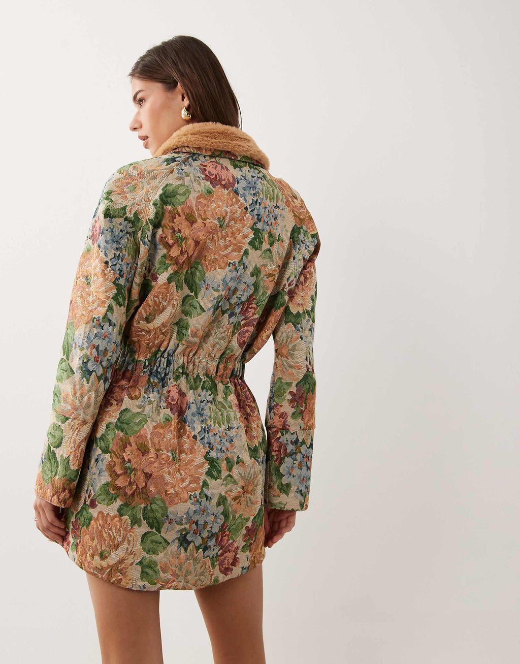 ASOS DESIGN cinched mini shirt dress with detachable faux-fur collar in floral tapestry