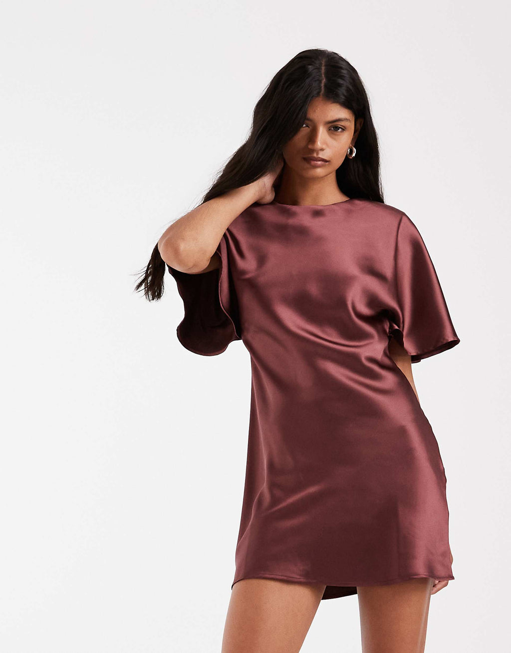 ASOS DESIGN satin cape back detail mini dress in burgundy