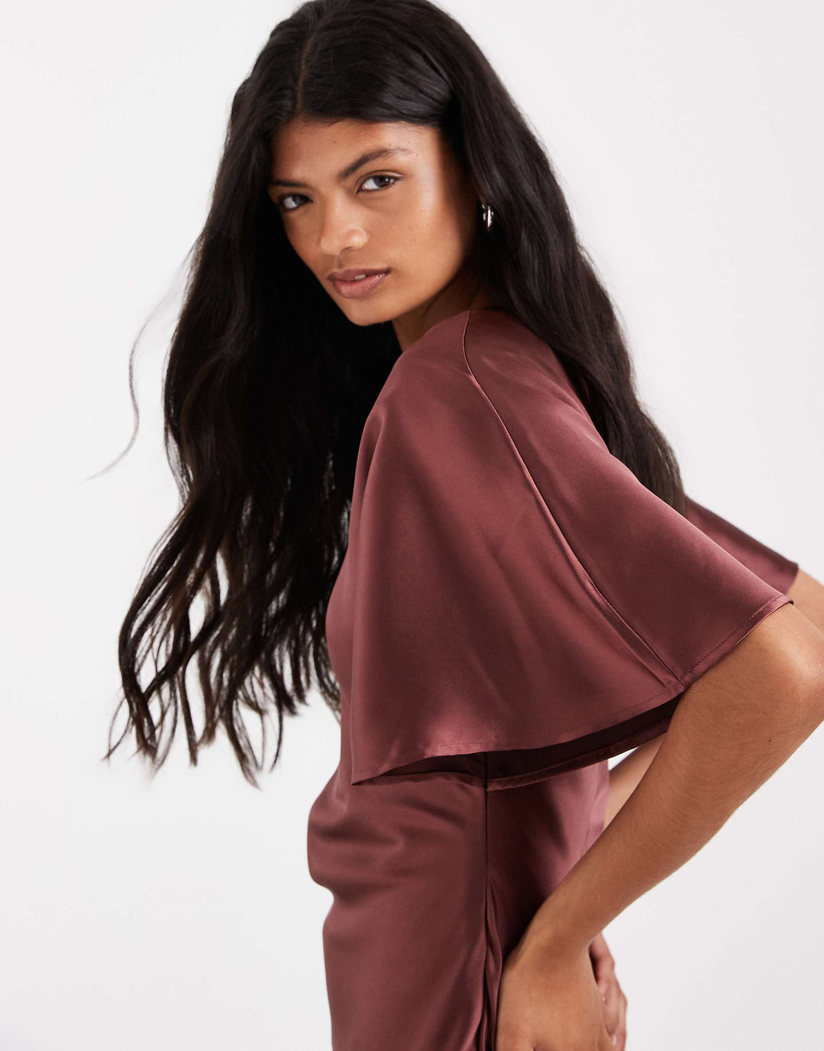 ASOS DESIGN satin cape back detail mini dress in burgundy