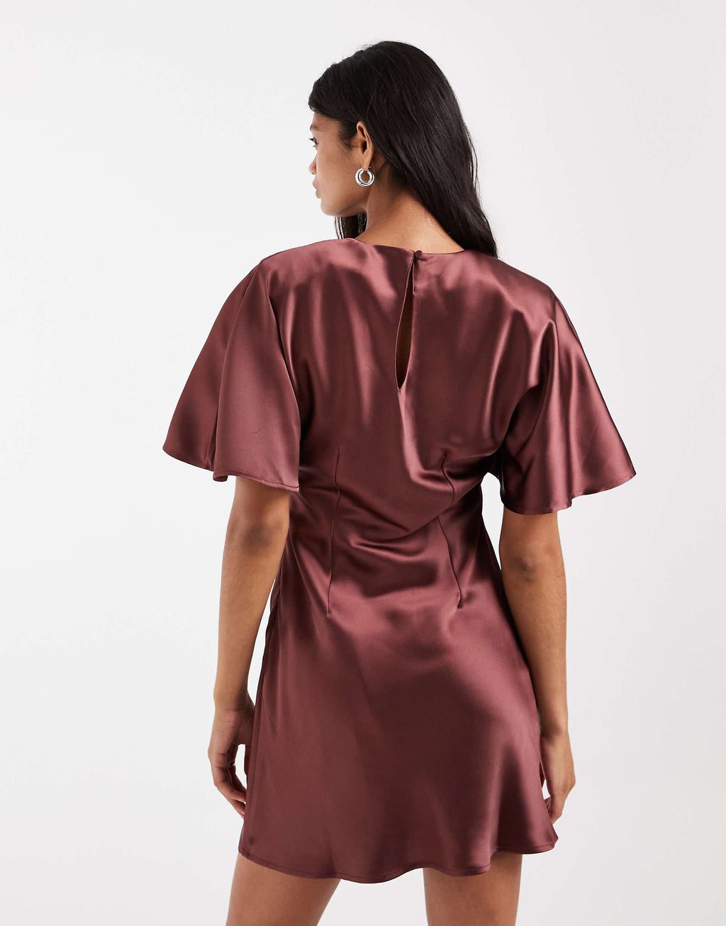 ASOS DESIGN satin cape back detail mini dress in burgundy