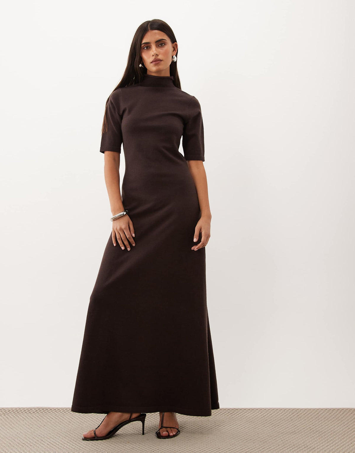 Pretty Lavish knit high neck short sleeve maxi dress in chocolate