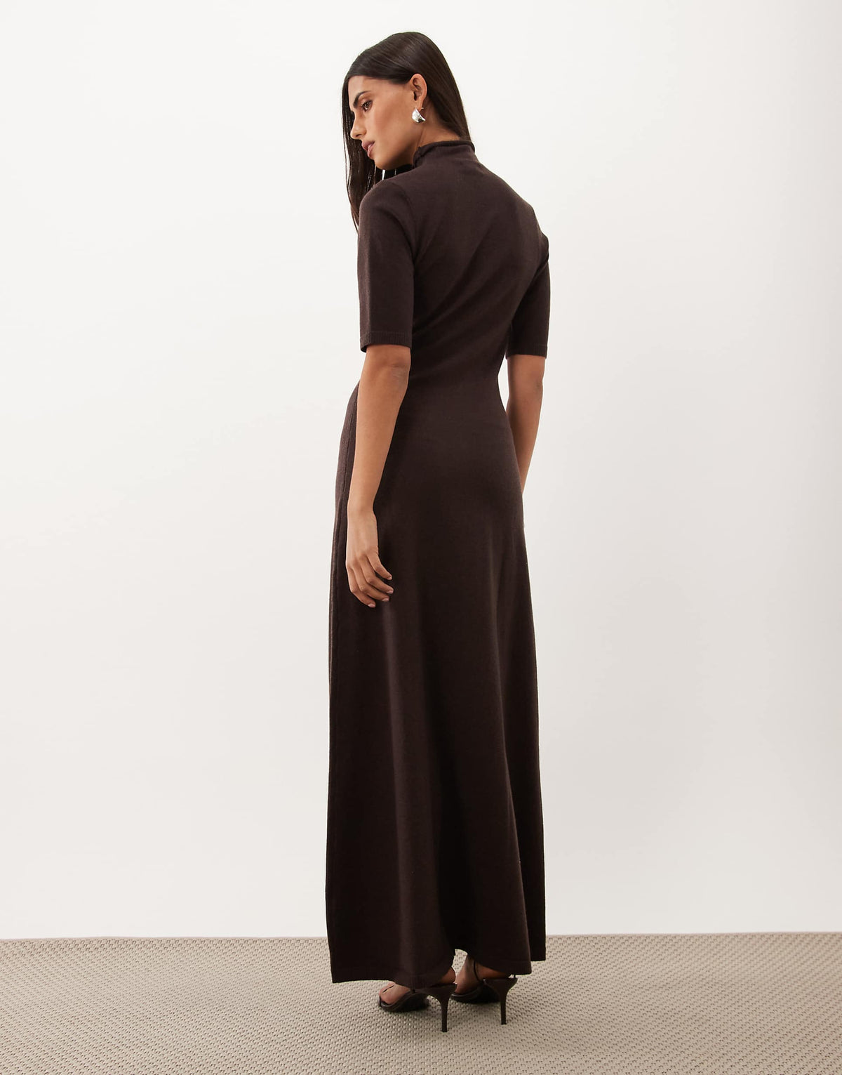 Pretty Lavish knit high neck short sleeve maxi dress in chocolate