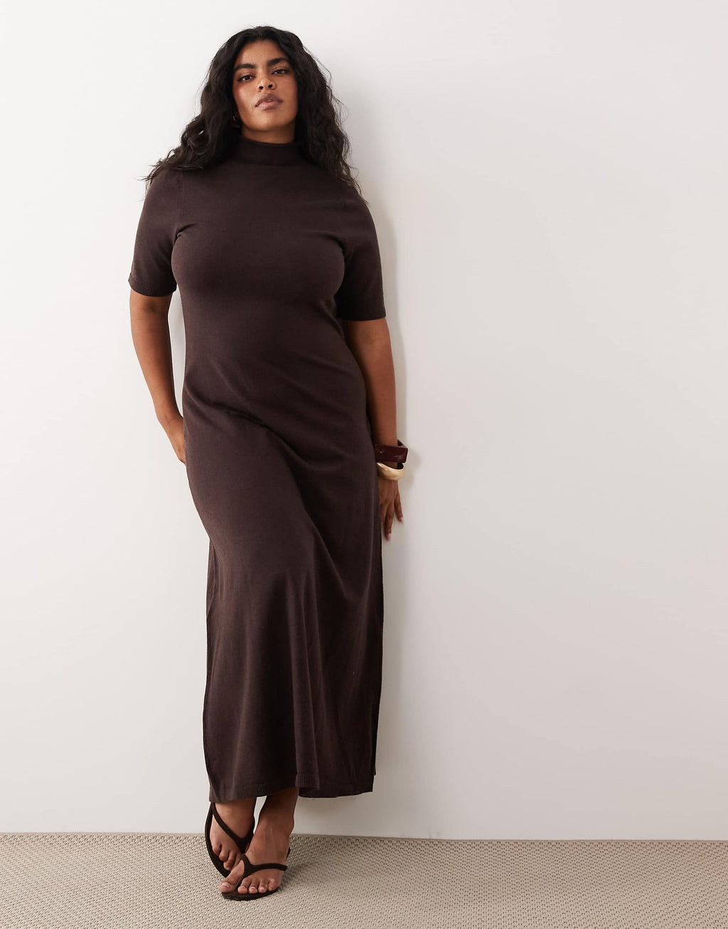 Pretty Lavish Curve knit high neck short sleeve waisted maxi dress in chocolate