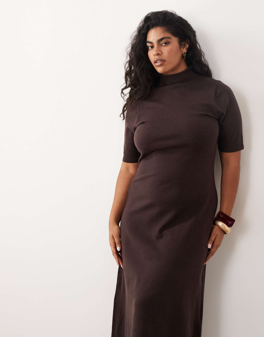 Pretty Lavish Curve knit high neck short sleeve waisted maxi dress in chocolate