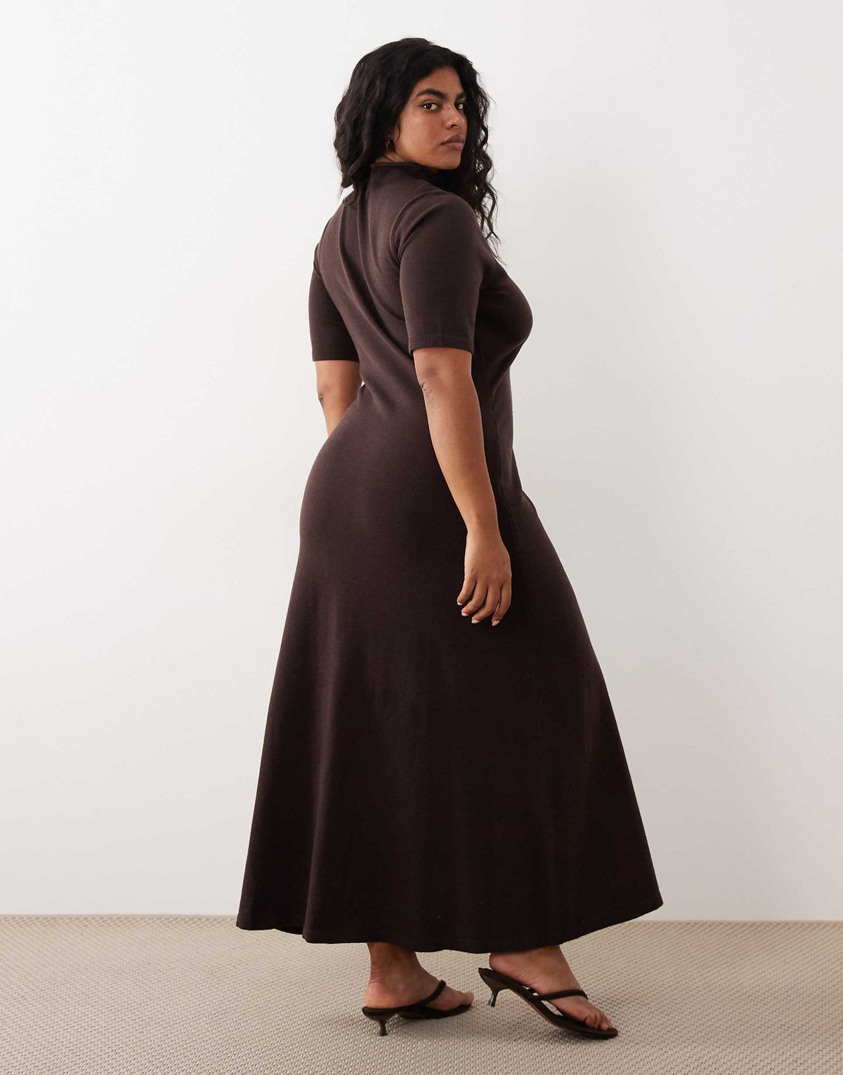 Pretty Lavish Curve knit high neck short sleeve waisted maxi dress in chocolate