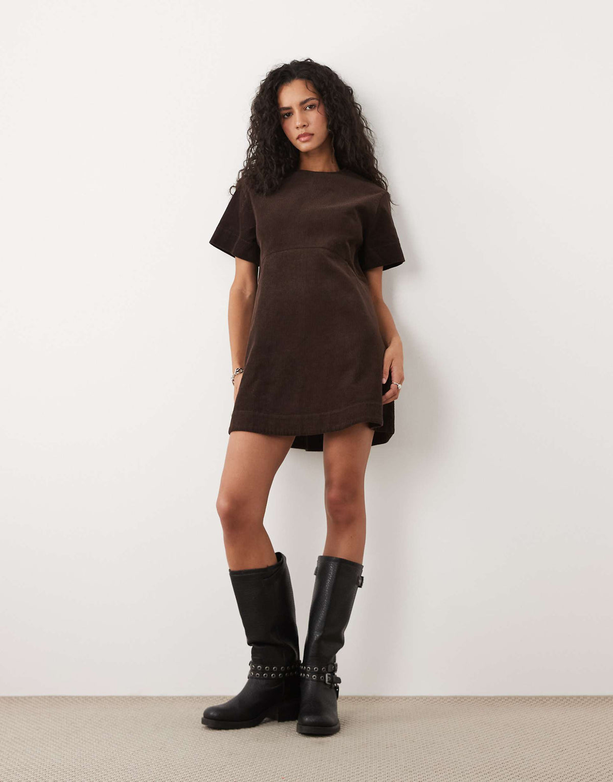 ASOS DESIGN mini cord T-shirt dress in brown